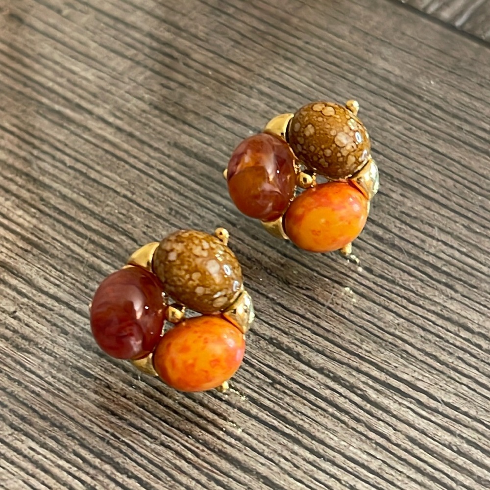 Vintage Avon Faux Stone Cabochon Earrings - Faux Amber